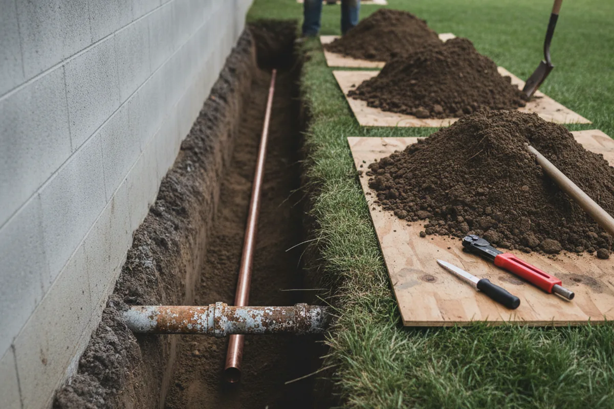 Excavated water line trench during Sewer Line Repair in Saint Georges